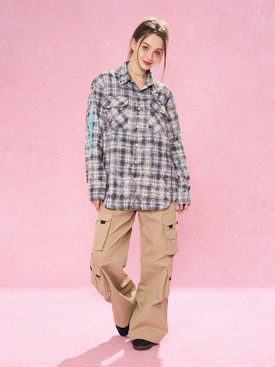 EMPTY REFERENCE Mottled Flame Printed Old Plaid Long Sleeve Shirt