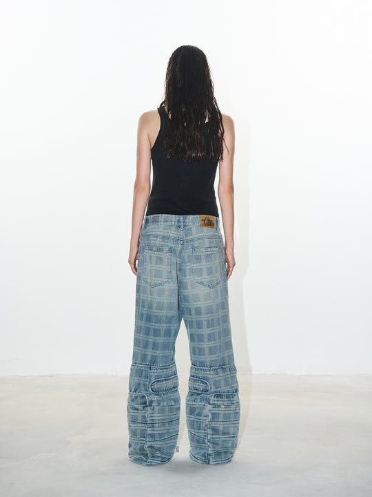 BLIND NO PLAN Plaid Patchwork Bootcut Washed Jeans | Face 3 Face
