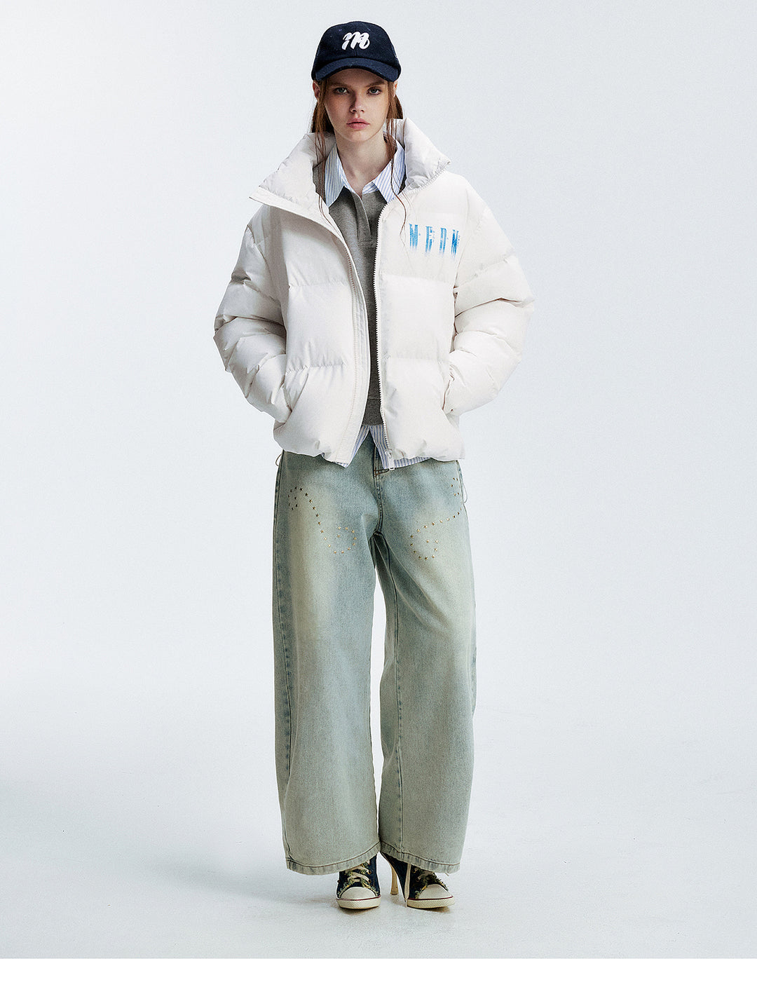 MEDM Rhinestone Studded Logo Down Jacket | Face 3 Face