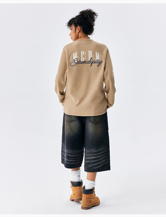 MEDM Logo Embroidered Print Waffle Long Sleeve Tee | Face 3 Face