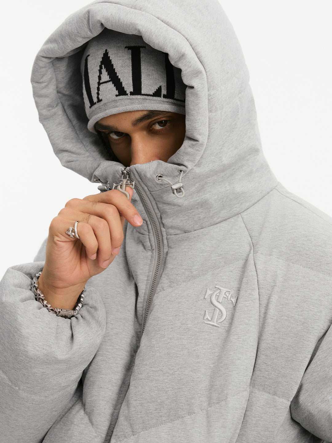 Small Town Kid Floral Gray Deconstructed Hooded Down Jacket | Face 3 Face