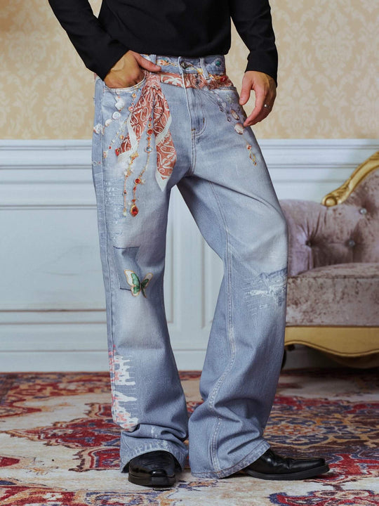 YADcrew Bandana Jewelry Digital Print Flared Jeans | Face 3 Face