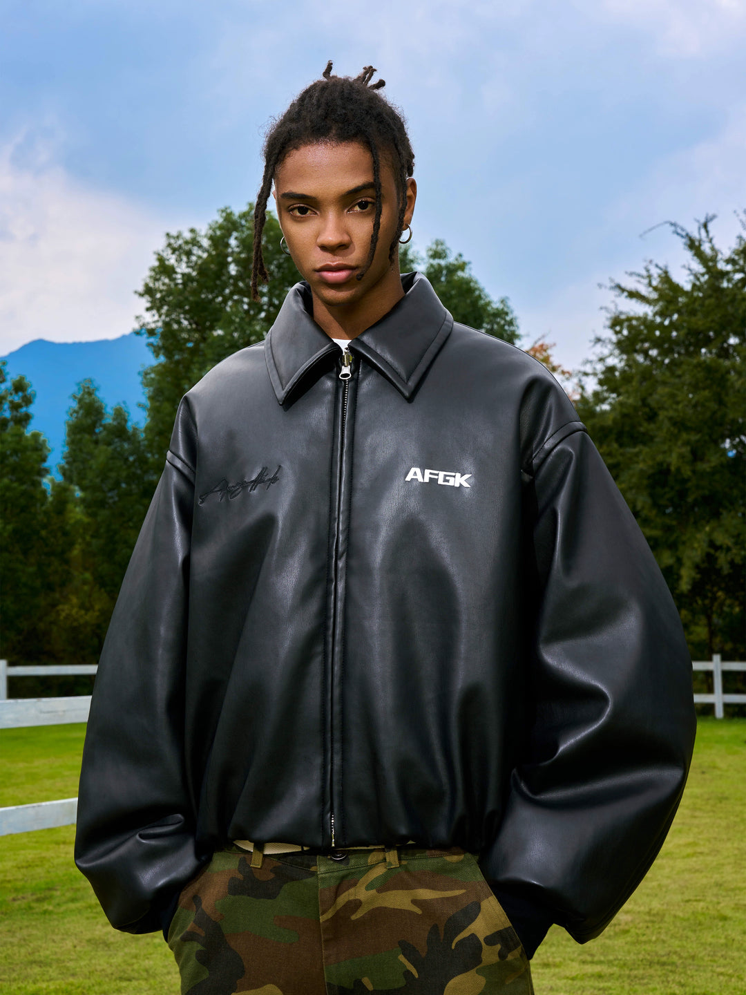 AFGK Embroidered Leather Short Bomber Jacket | Face 3 Face