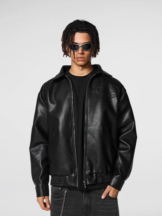 Achock Steel Embossed Logo Leather Jacket | Face 3 Face