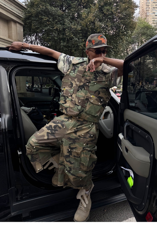 STEEPC M-65 Pearl Embellished Camouflage Baggy Cargo Shorts | Face 3 Face