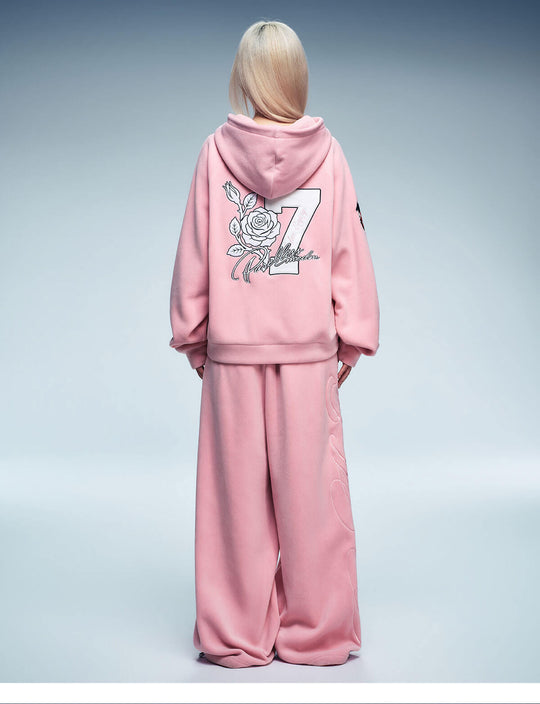 MEDM Rose Embroidered Patch Zip Up Fleece Hoodie | Face 3 Face