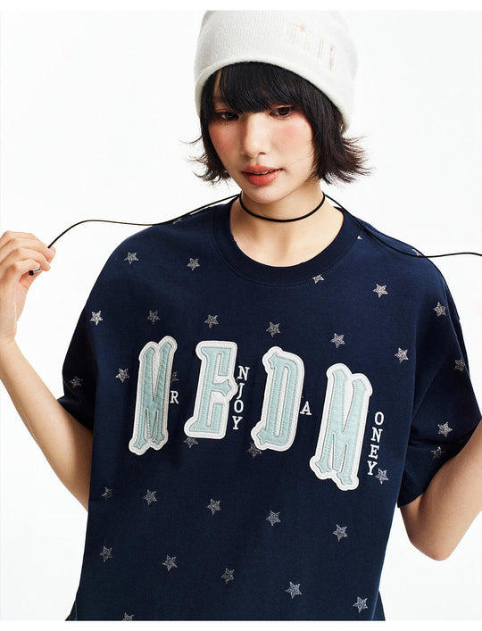 MEDM All Over Glitter Star Print Logo Patch Short Sleeve Tee | Face 3 Face