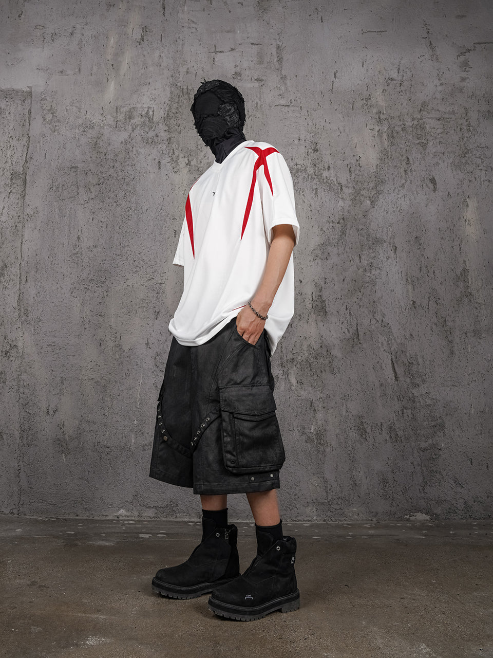 UNDERWATER White and Red Deconstructed Patchwork Embroidered Jersey Tee | Face 3 Face