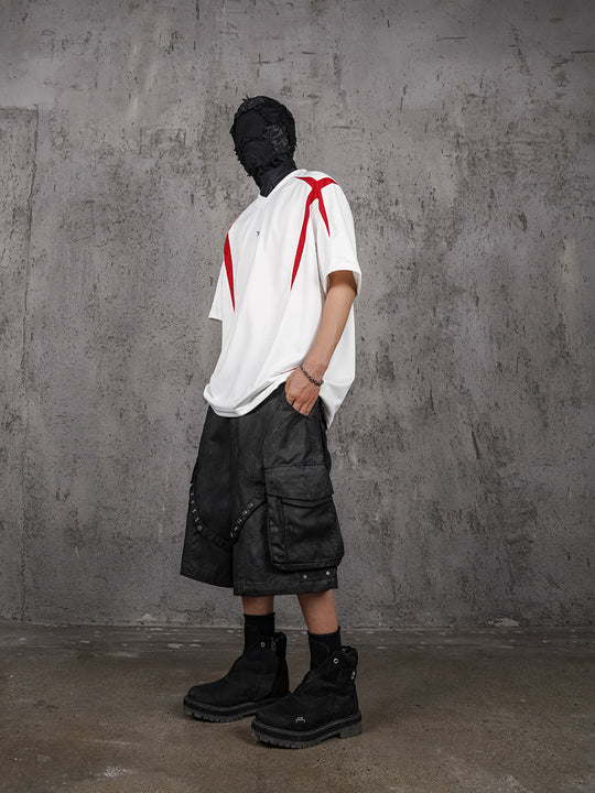 UNDERWATER White and Red Deconstructed Patchwork Embroidered Jersey Tee | Face 3 Face