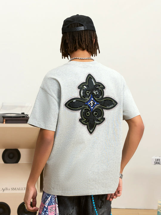 Small Town Kid Cross Pearl Sequin Beaded Embroidery Tee | Face 3 Face