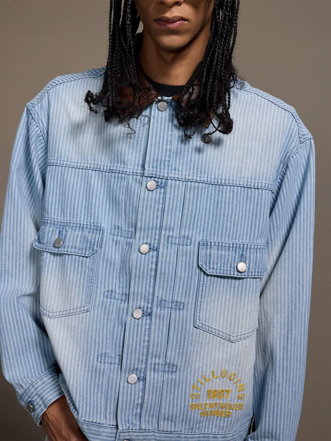 1807 Chain Stitch Embroidered Striped Washed Denim Jacket | Face 3 Face