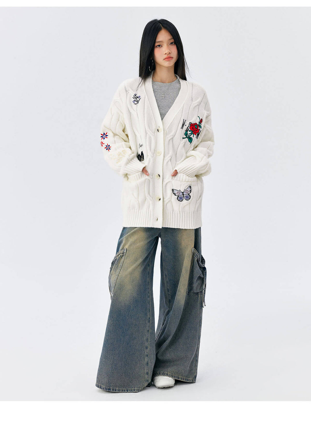 MEDM Floral Butterfly Embroidered Cable Knit Cardigan | Face 3 Face