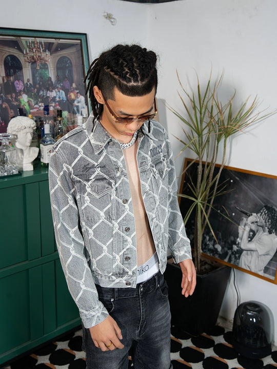 TGFCLUB Chain Link Full Print Washed Slim Denim Jacket | Face 3 Face