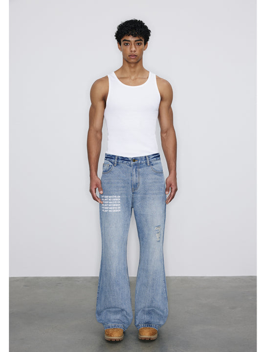NOVACAM Washed Distressed Print Flared Jeans | Face 3 Face