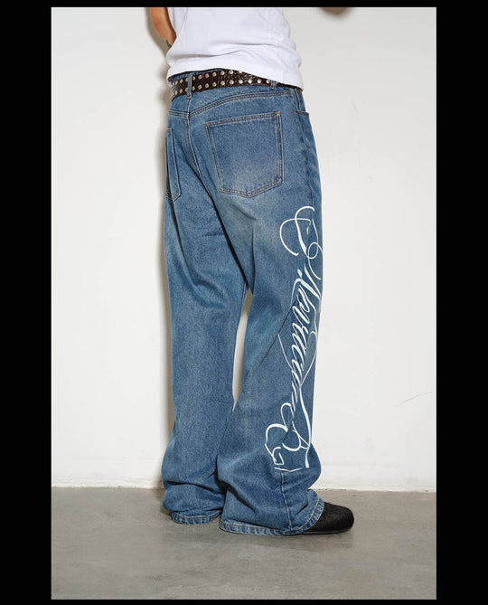 NOVACAM Vintage Washed Letter Print Flared Jeans | Face 3 Face