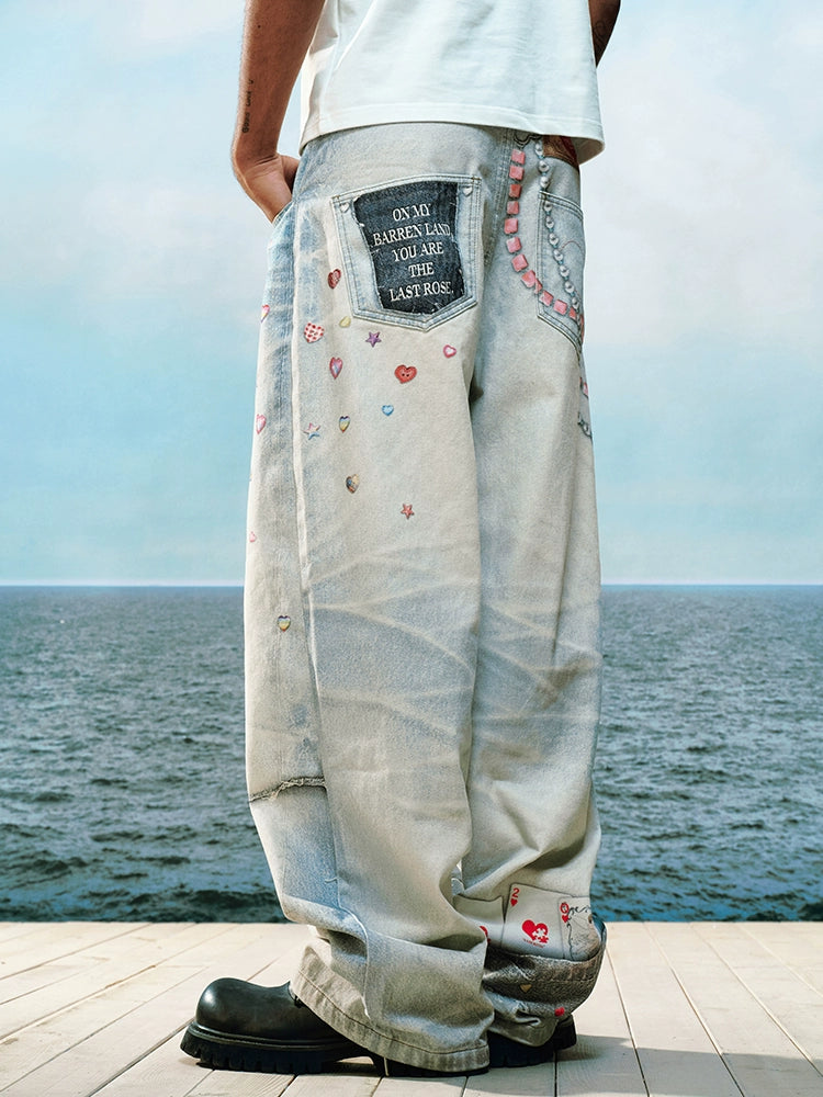 YADcrew Cute Heart Photorealistic Print Jeans | Face 3 Face