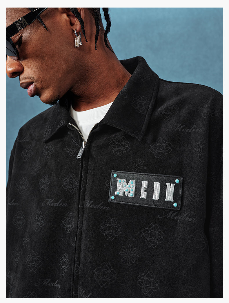 MEDM Leather Logo All-Over Monogram Suede Jacket | Face 3 Face