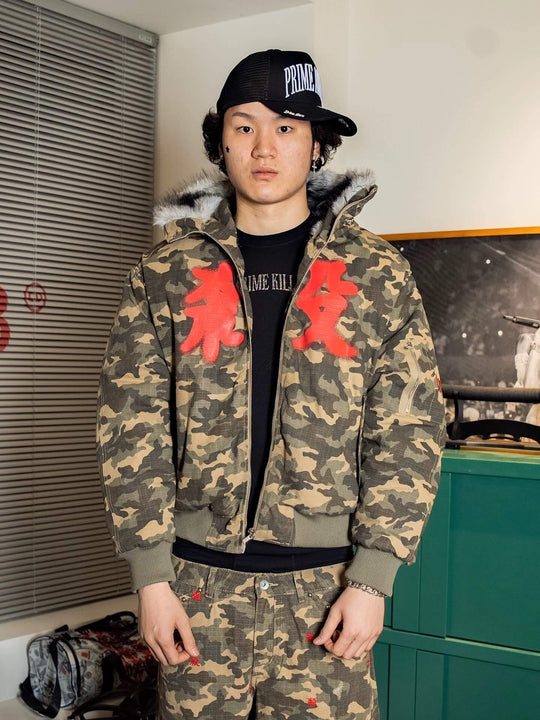 TGFCLUB Washed Camo Studded Faux Fur Hooded Jacket | Face 3 Face