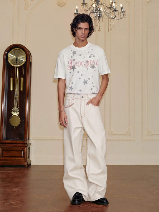 YADcrew Heart Shaped Pocket Slight Flare White Jeans | Face 3 Face