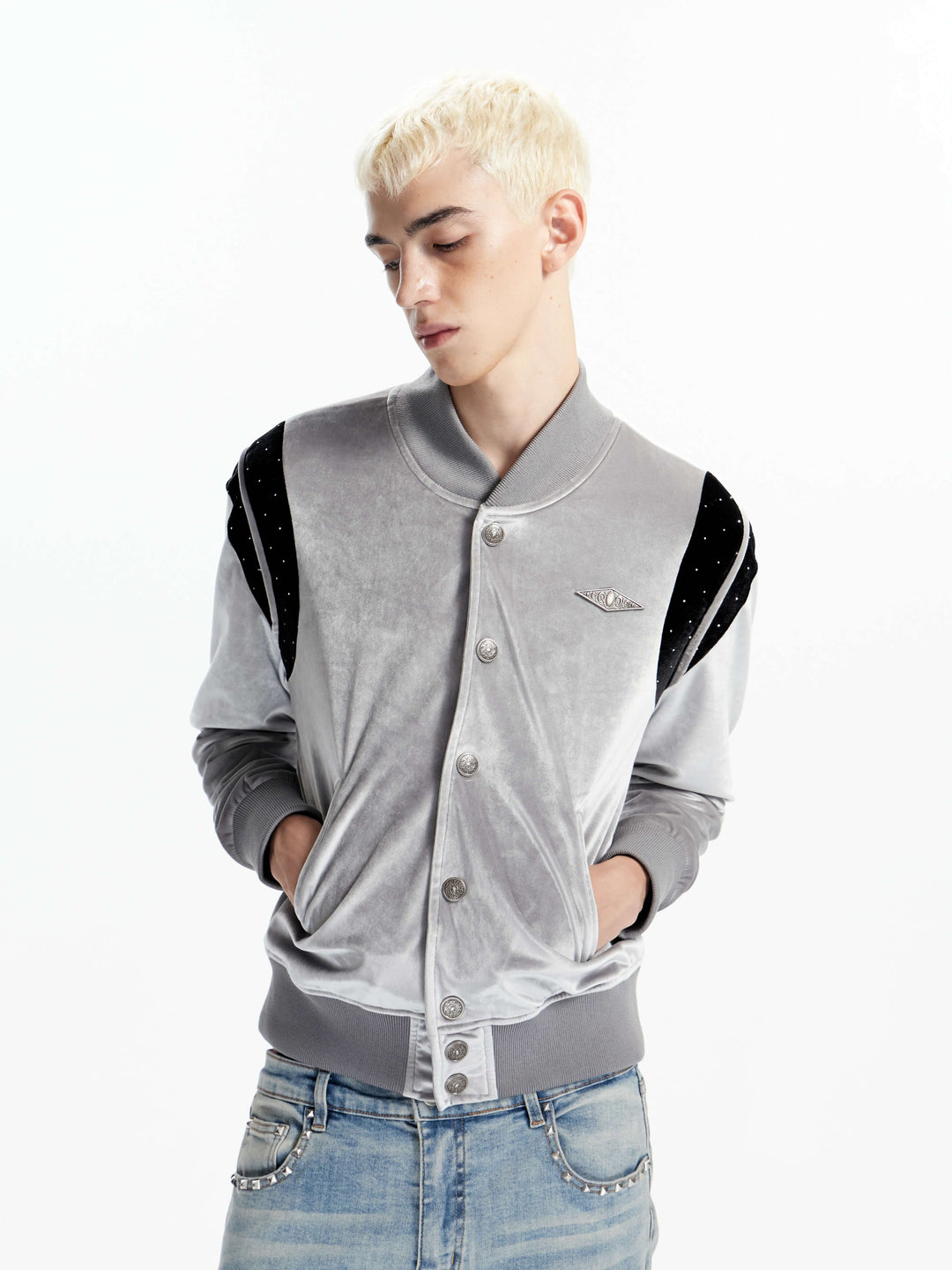 KARMANISTIC Metal Logo Badge Velvet Varsity Jacket | Face 3 Face