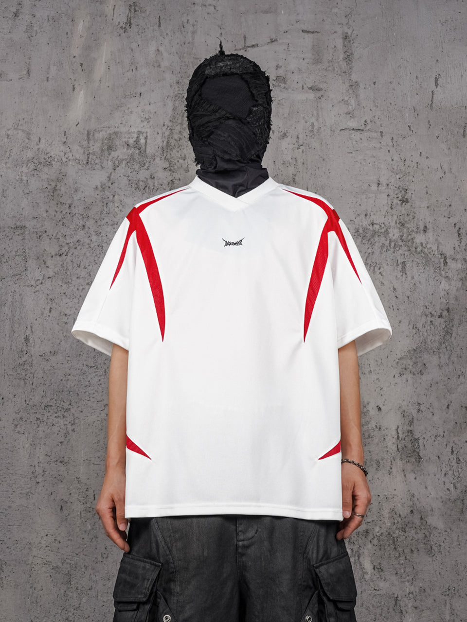 UNDERWATER White and Red Deconstructed Patchwork Embroidered Jersey Tee | Face 3 Face