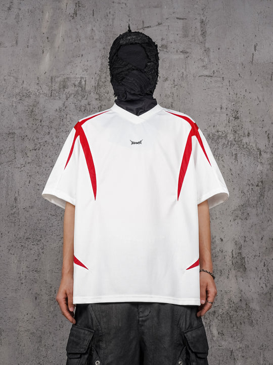 UNDERWATER White and Red Deconstructed Patchwork Embroidered Jersey Tee | Face 3 Face