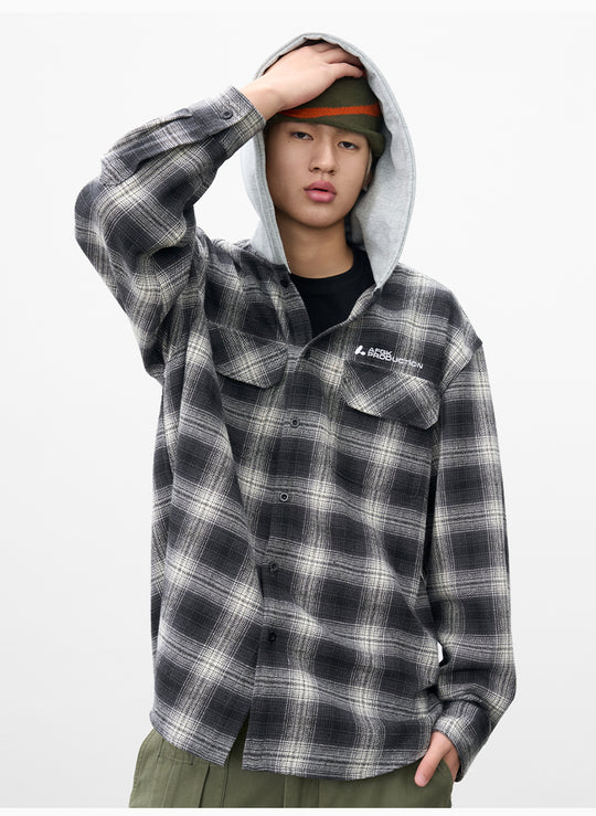 AFGK Plaid Embroidered Hooded Long Sleeve Shirt | Face 3 Face