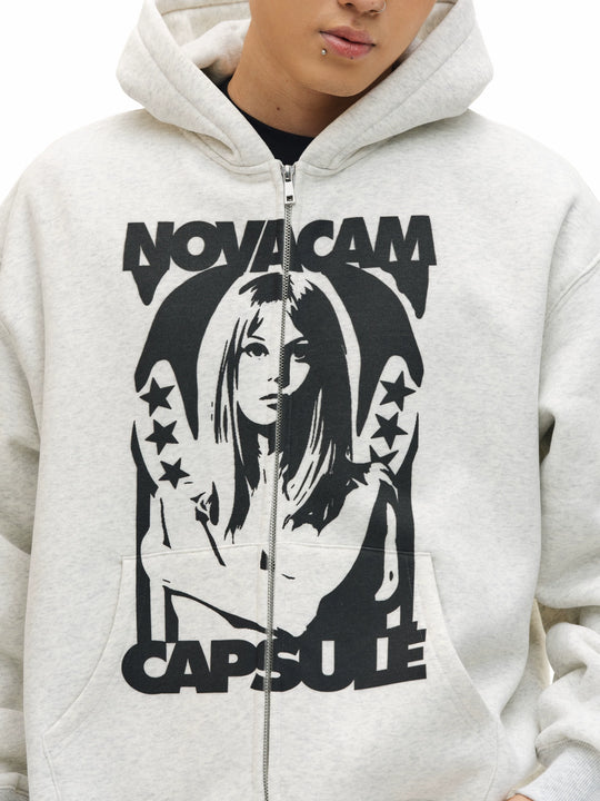 NOVACAM Vintage Print Zip Up Hoodie | Face 3 Face
