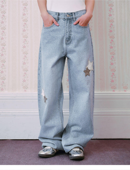 MEDM All Over Rhinestone Star Patch Jeans | Face 3 Face