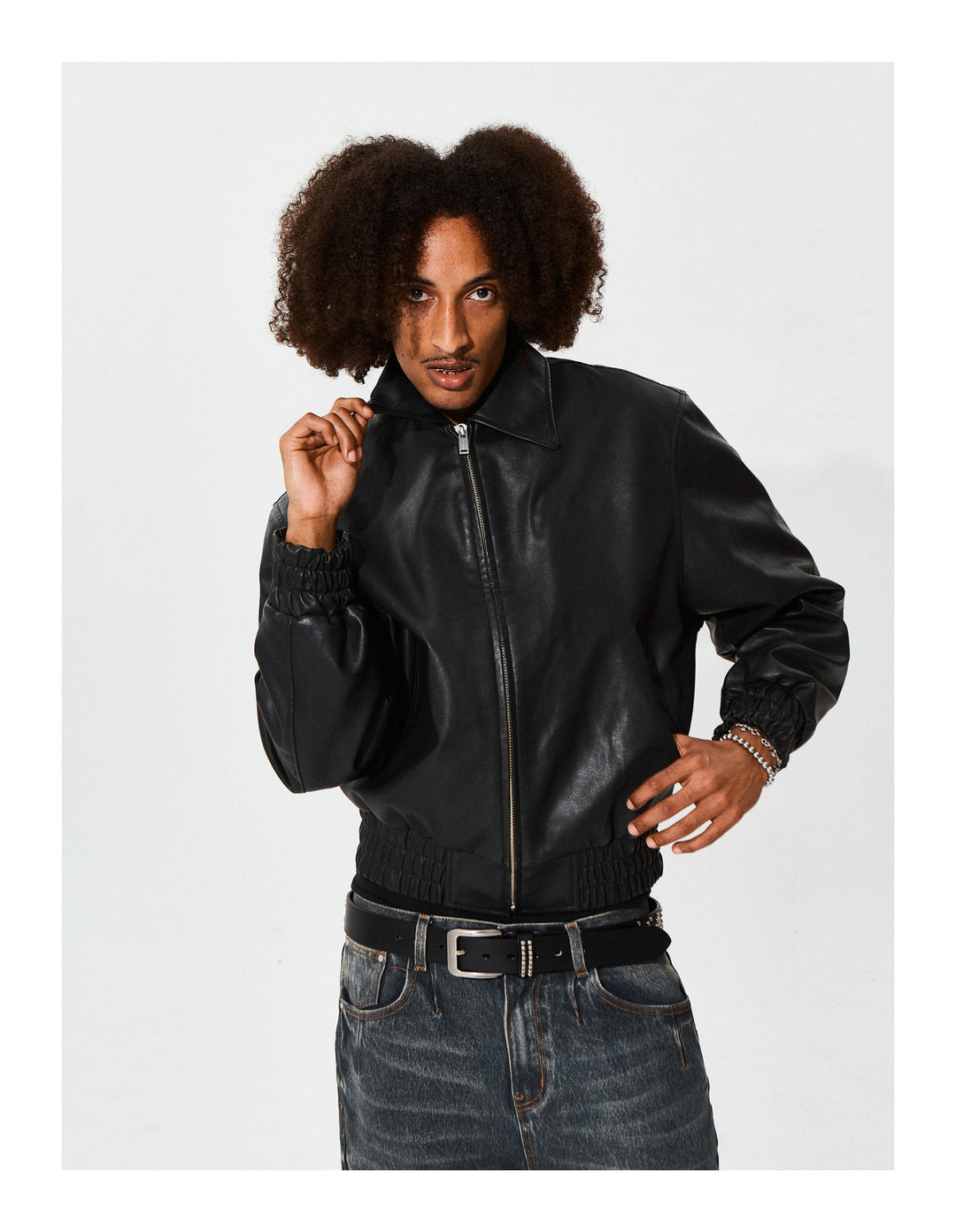 KARMANISTIC Graphic Embroidered Leather Short Bomber Jacket | Face 3 Face