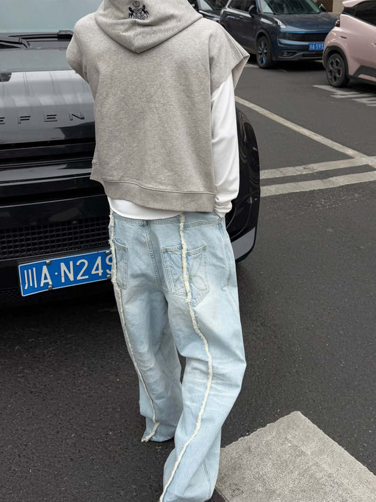STEEPC Ice Blue Washed Frayed Center Seam Baggy Jeans | Face 3 Face