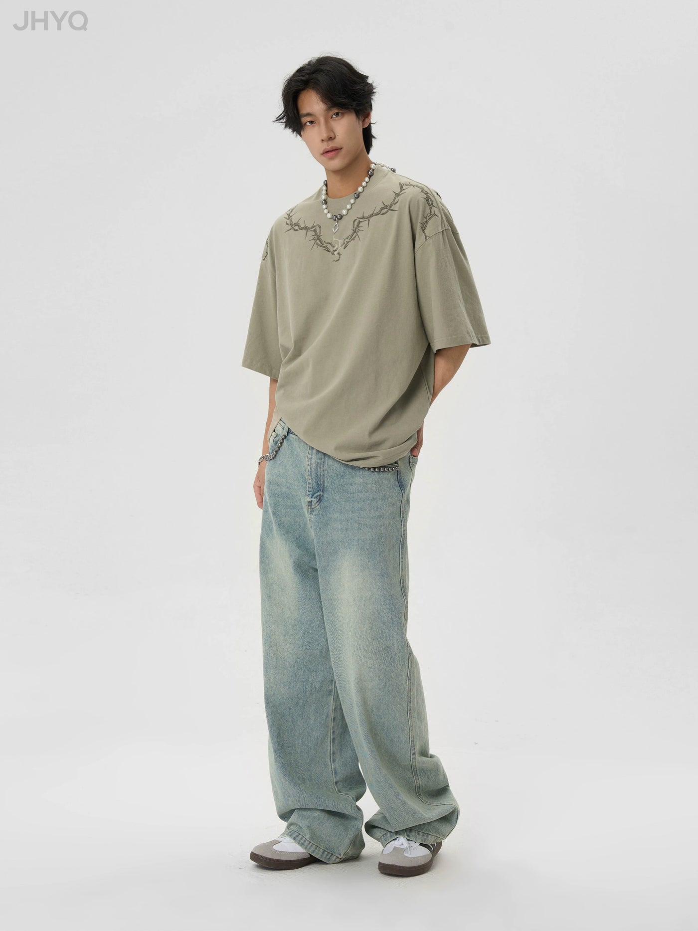 JHYQ Beaded Pockets Washed Old Light Colored Baggy Jeans
