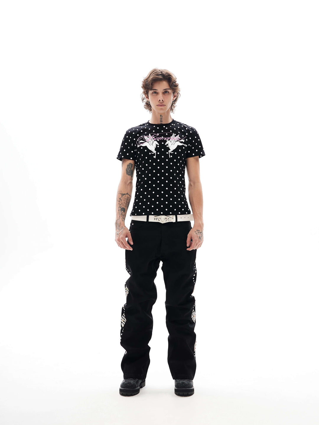 KARMANISTIC Studded Crystal and Leather Side Design Black Jeans | Face 3 Face