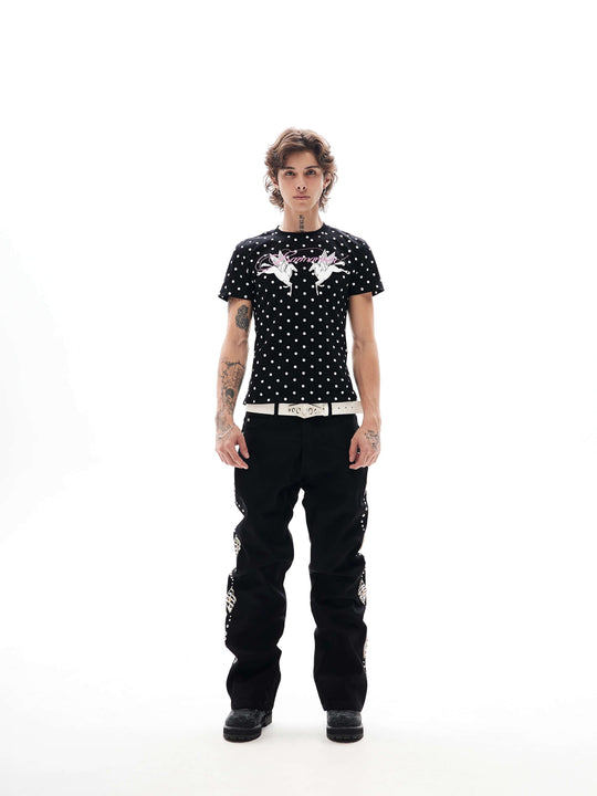 KARMANISTIC Studded Crystal and Leather Side Design Black Jeans | Face 3 Face