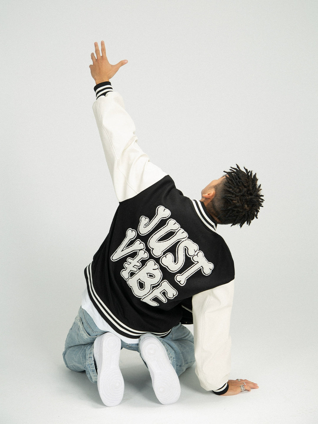 JUST VIBE Terry Embroidered Bone Logo Varsity Jacket | Face 3 Face