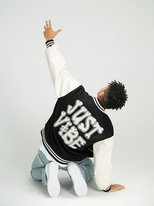 JUST VIBE Terry Embroidered Bone Logo Varsity Jacket | Face 3 Face