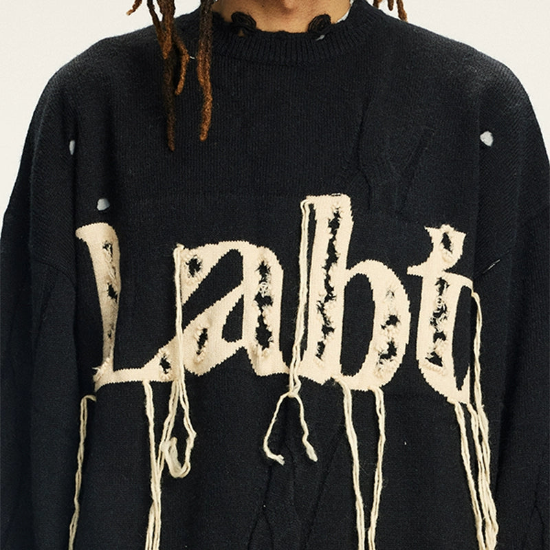 Labt Fringe Lanyard Logo Distressed Knit Sweater | Face 3 Face