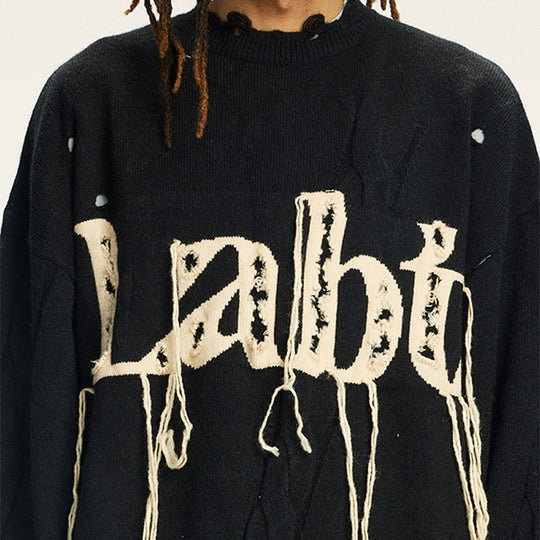 Labt Fringe Lanyard Logo Distressed Knit Sweater | Face 3 Face