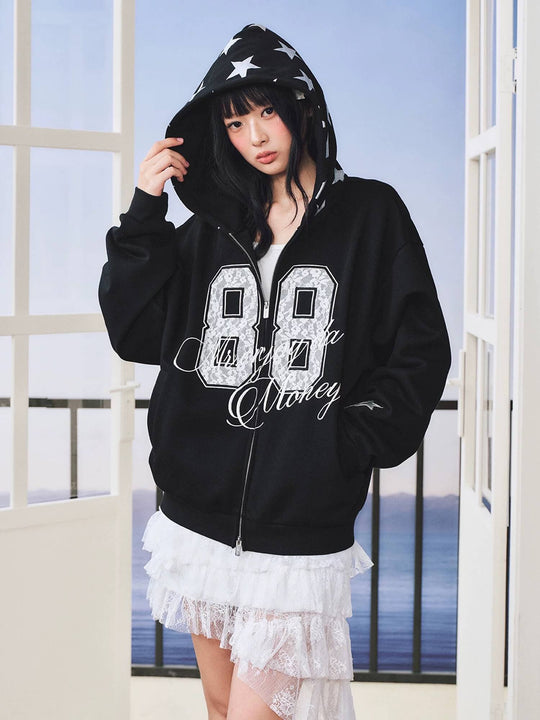 MEDM Lace Number Embroidered Star Print Zip Up Hoodie | Face 3 Face