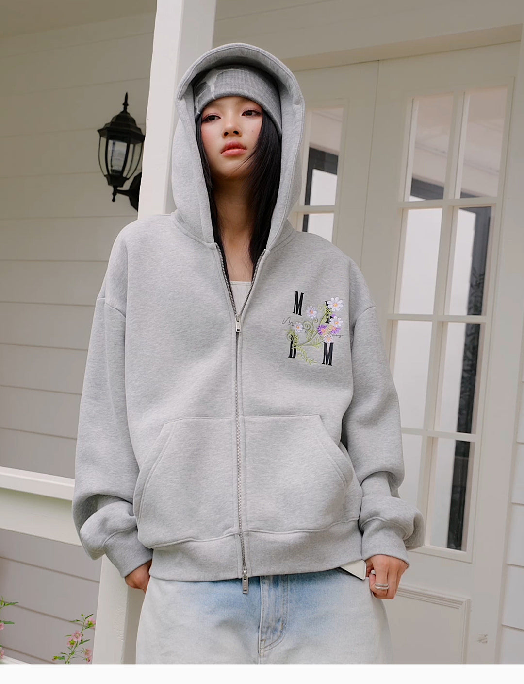 MEDM Floral Logo Embroidered Zip Up Hoodie | Face 3 Face