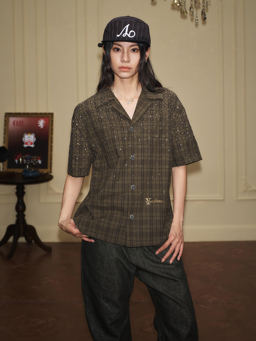 YADcrew Galaxy Rhinestone Plaid Short Sleeve Shirt | Face 3 Face