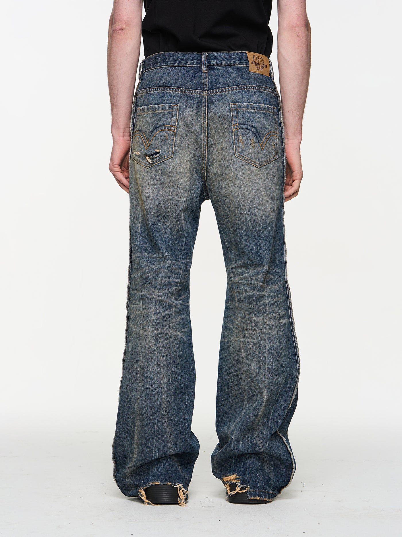 BLIND NO PLAN Blue Washed Whiskered Distressed Bootcut Jeans | Face 3 Face