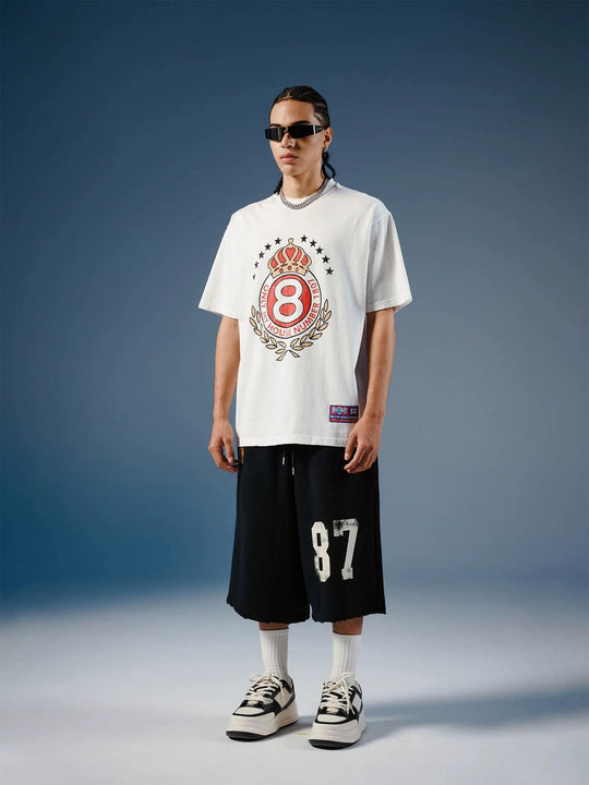 1807 Vintage Number Print Cropped Baggy Sweat Shorts | Face 3 Face