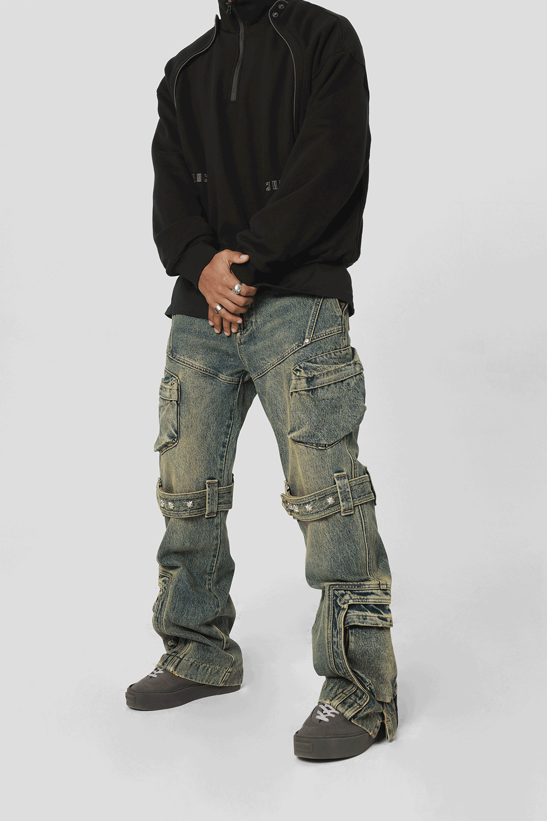 JHYQ Studs Strapped Work Denim Jeans