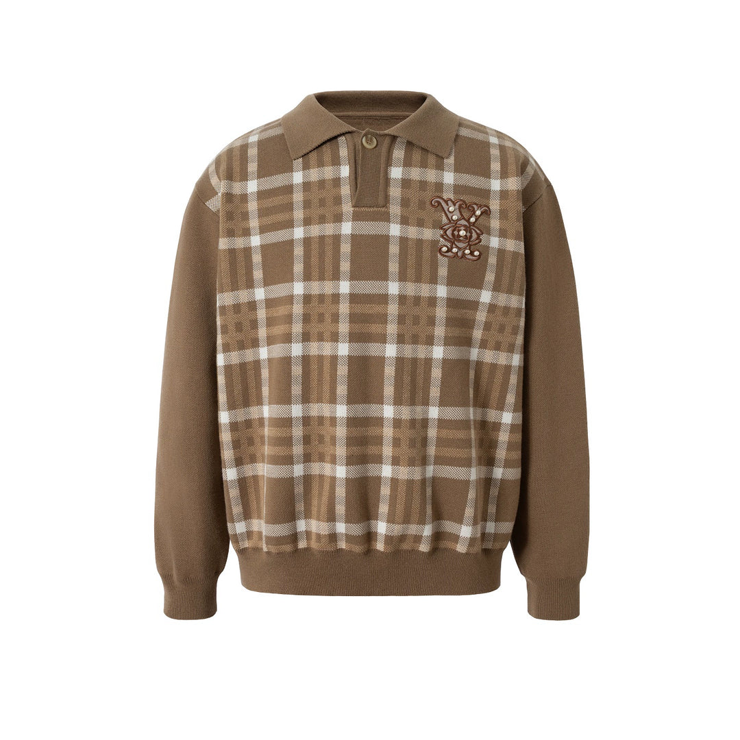 YADcrew Pearl Logo Embroidery Plaid Polo Knit Sweater | Face 3 Face