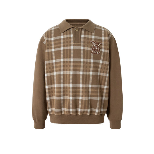 YADcrew Pearl Logo Embroidery Plaid Polo Knit Sweater | Face 3 Face