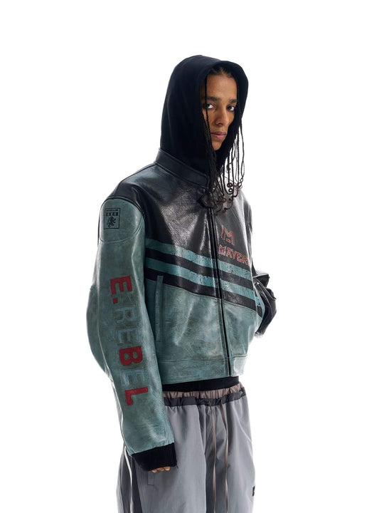 EXITMODE BY BLIND NO PLAN Vintage Distressed PU Leather Short Racing Jacket | Face 3 Face