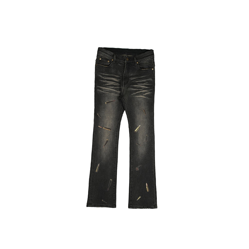 TGFCLUB 3D Washed Bullet Print Flare Jeans | Face 3 Face
