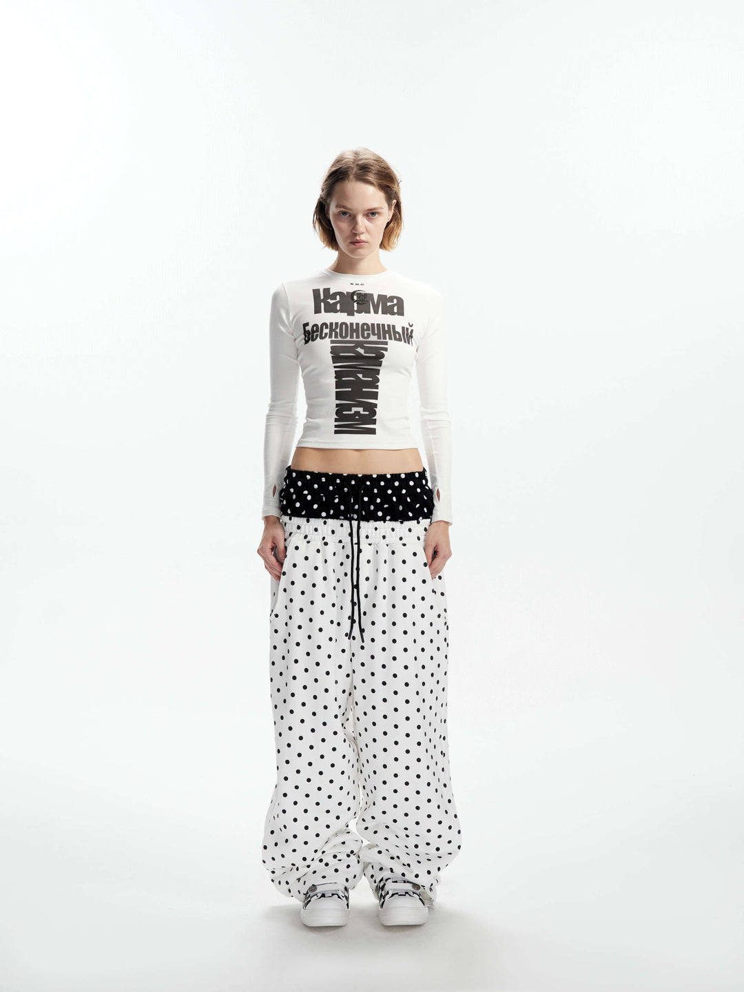 KARMANISTIC Color Block All Over Dot Print Double Waist Baggy Sweatpants | Face 3 Face