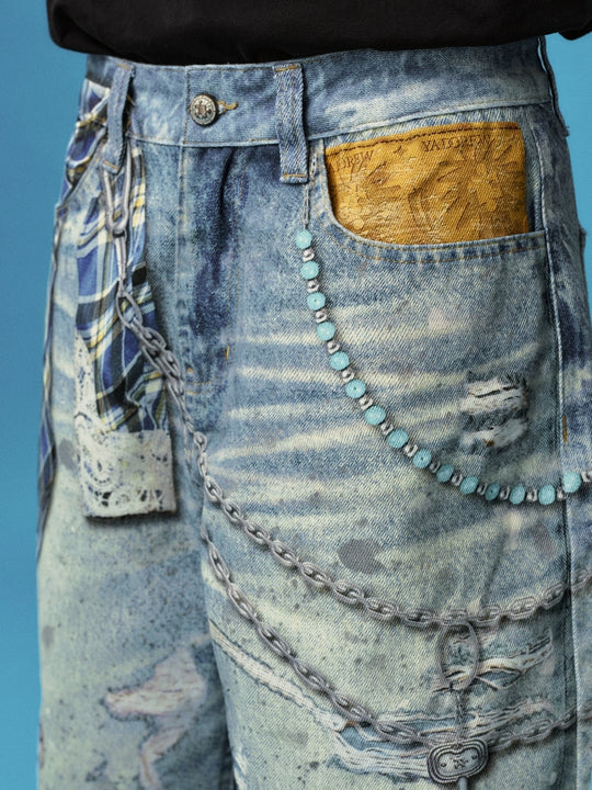 YADcrew Plaid Shirt Chain Photorealistic Print Denim Shorts | Face 3 Face